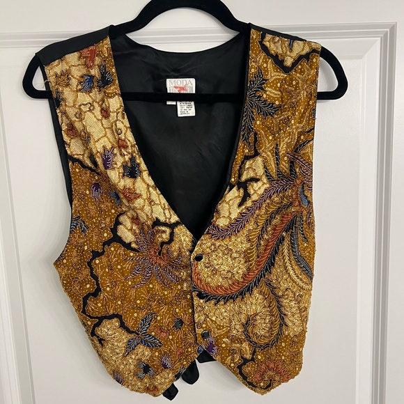 Vintage Moda International Retro Black & Gold Beaded Vest, Size Medium - Picture 2 of 10